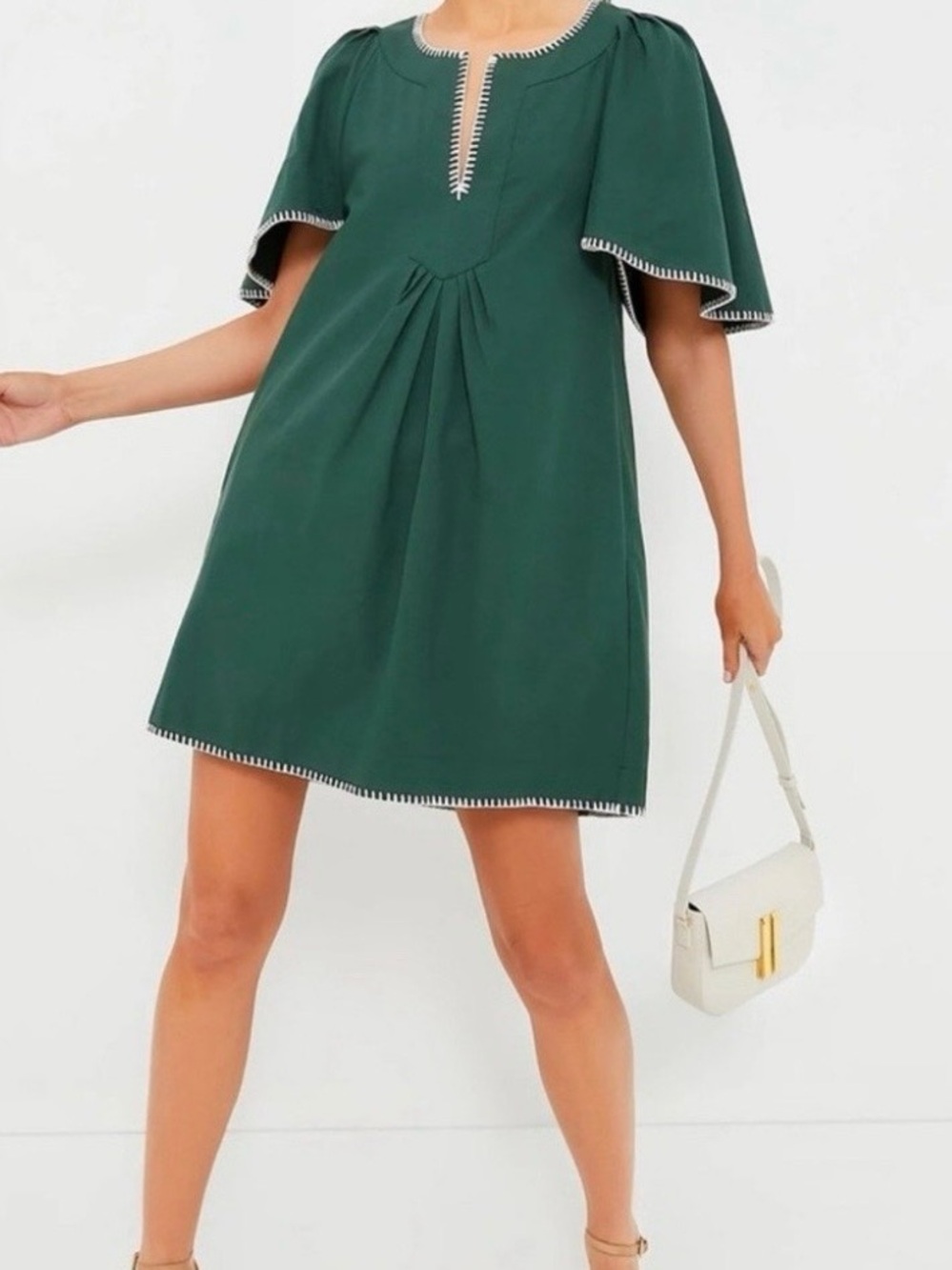 Pomander Place Tuckernuck Green Finley Flutter Sleeve Dress White Trim Sz Small